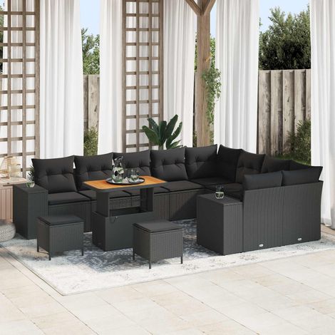 Ensemble Canapé de Jardin Modulaire Résine Tressée et Bois d'Acacia Noir avec Rangement 12 pcs - PANGIVO (1/5)