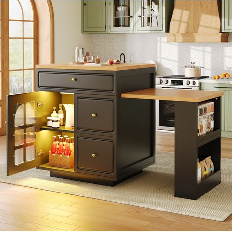 Îlot de cuisine extensible avec tiroirs et bande LED RGB, 122,5-195,5 cm, noir, OKWISH (1/5)