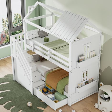 Letto a castello per bambini con tetto, pino e MDF bianco 90x200 cm, con scala contenitore, cassetti, scaffali e rete a doghe (1/5)