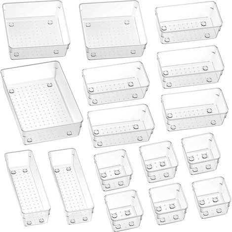 16 cassetti organizzatore in plastica, 5 dimensioni organizer per trucchi, organizzatore trasparente antiscivolo in plastica, per bagno, cosmetici, cucina, ufficio (1/5)