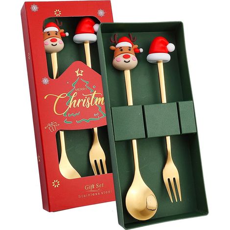 Cuillère Et Fourchette De Dessert - Acier Inoxydable - Décor De Noël - Pour Servir Des Gâteaux Et Décorer La Table - 2 Pièces (1/4)