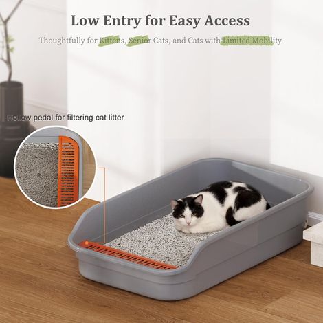 Bac à litière ouvert pour chat grand modèle xxl avec rebord anti-projection et pédale tamis litière pour chaton chat âgé et grand chat gris (1/5)