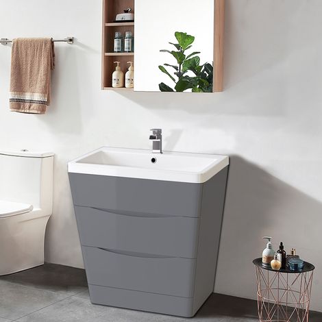 2 Drawer Floor Standing Bathroom Cabinet Storage Furniture Vanity Sink Unit 800mm Gloss Grey