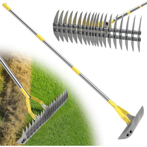 Râteau, 140 cm - Râteau robuste pour éliminer la mousse et le chaume avec une lame tranchante enlever l'herbe morte, cour, jardin, pelouse / Argent (1/3)