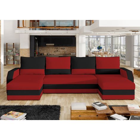 Les Tendances – Canapé d'angle convertible panoramique 4 places – Tissu rouge et noir – Dimensions 307x146x88 cm – Coffre de rangement intégré (1/4)