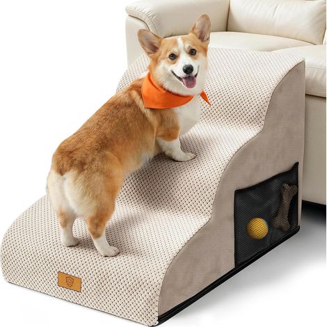 Escalier pour Chien 3 Marches, Mousse Haute Densité, Beige Maintien stable, housse amovible facile à nettoyer, idéale pour les petits chiens et chats au quotidien. (1/5)