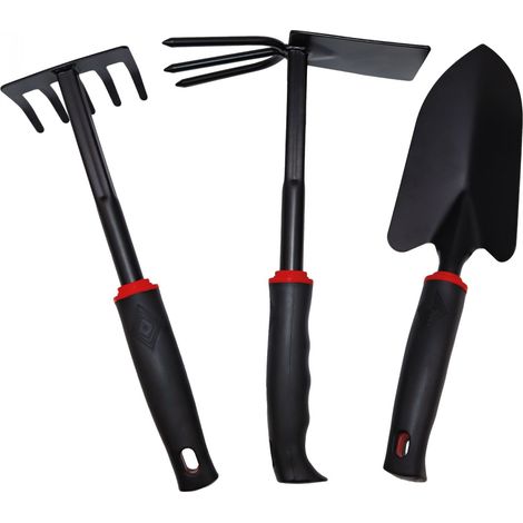 Linxor – Lot de 3 outils de jardinage à main en acier inoxydable – Râteau, serfouette et transplantoir – Poignées antidérapantes – Résistants aux chocs (1/5)