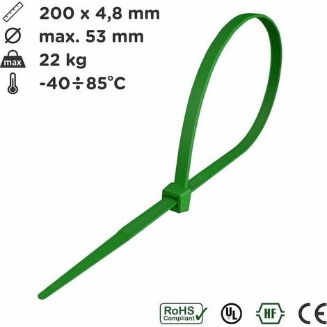 Collier de Serrage 200 mm x 4,8 mm, Attache Câble, Serre Câbles Rilsan Nylon, Colliers Serre-Cable 200mm, Couleur Vert, Lot de 100 Pièces (1/4)
