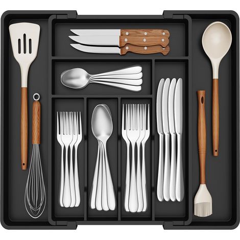 Range Couverts pour Tiroirs, Rangement Vaisselle,33 à 57 cm, Porte Ustensiles pour Placard Cuisine, Organisateur pour Cuillère, Couteau, Noir (1/5)