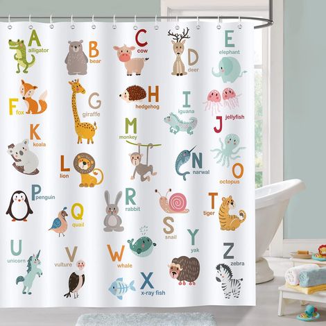 Rideau de Douche pour Enfants ABC Alphabet Animaux Rideau de Bain Tissu Polyester Anti Moisissure Imperméable Lavable Rideaux Salle de Bain 180 x 180 cm avec 12 Crochets pour Baignoire (1/5)