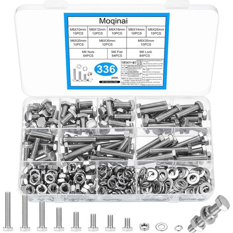 336 Pièces Vis Hexagonales M6 en Acier Inoxydable, Set de Vis Métriques pour Machines avec Écrous et Rondelles, Assortiment de Boulons M6 avec Rondelles Plates et Grower (1/5)
