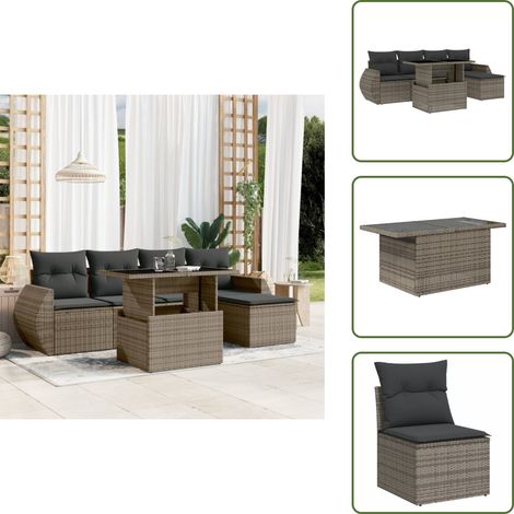 6-tlg. Garten-Sofagarnitur mit Kissen Grau Poly Rattan - Gartenmöbel Set - Esszimmergarnitur - Outdoor Möbel - Lounge Garnitur - Rattan Gartenmöbel (1/5)