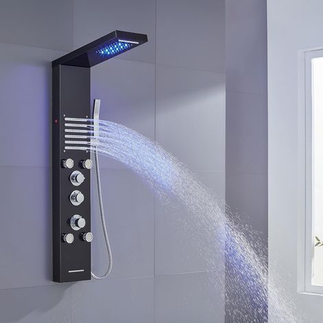 Colonne de Douche Thermostatique, Panneau à 6 Fonctions avec LED, Hydromassante avec Mitigeur et Buses Massants, Acier Inox 304 Noir (1/5)