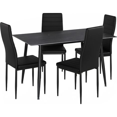 Mesa de Comedor 140cm, Gris Oscuro + 4 Sillas Polipiel, Negro