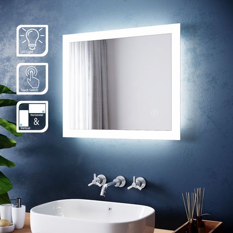 ELEGANT 600 x 500 mm Bathroom Mirror LED Lights Horizontal Vertical Touch Sensor  Aluminium Frame IP44 Splash Proof