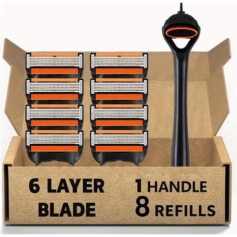 rasoir electriques hommes-Rasoir de sécurité à six lames en acier inoxydable (porte-lame en plastique orange + 8 embouts de lame orange) – Pour une expérience de rasage professionnel sans irritation