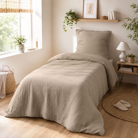 Housse de Couette 140 x 200 cm 1 Personne Gaze de Coton 57 Fils Sable (1/3)