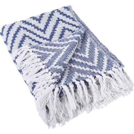 Couvre-lit à Chevrons pour intérieur/extérieur 100% Coton Camping Barbecue plages Couverture Quotidienne – 127 x 152,4 cm, Bleu Nautique, Nautical Blue, Large Chevron (1/5)