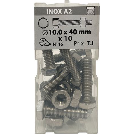 10 vis 10 x 40mm têtes hexagonale + écrou inox A2 - Vissal