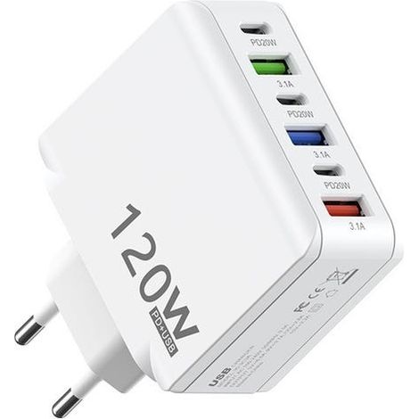Cargador de pared multipuerto USB-C y USB-A de 120 W, adaptador de corriente de carga rápida PD20W para tabletas y teléfonos móviles de 16, 15, 14 Pro Max, S22, S21 y S20