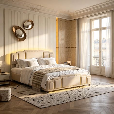 Lit Coffre 160x200 avec Sommier à Vérins, Lit Double en Velours Beige avec LED RGB Pilotables par App & Musique, Tête de Lit Réglable INOX Doré, Grand Rangement, Style Moderne & Chic (1/5)