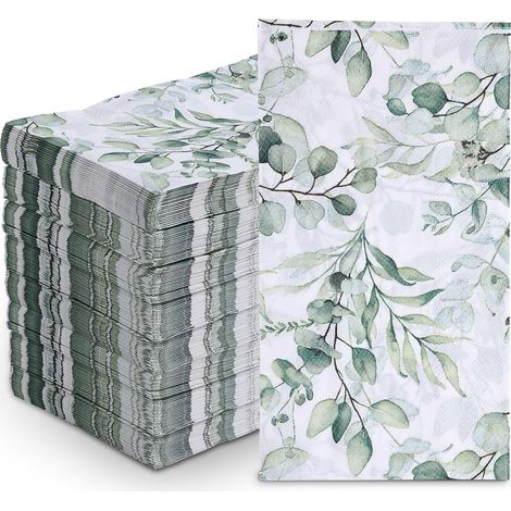 100 servilletas de papel desechables con estampado de hojas verdes, absorbentes, ideales para fiestas, bodas y baños. (1/5)