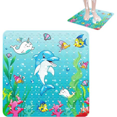 Tapis de Douche Antidérapant, 53 x 53 cm Tapis de Bain, Natte de Douche avec Trous de Drainage et Ventouses, Natte de Bain Lavable en Machine, pour de la Douches et Zones Humides (Dauphin) (1/5)