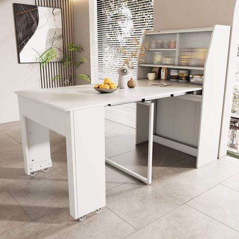 Table à manger extensible 52-132,5 x 80 x 76 cm, rangement intégré, table multifonction, meuble de salle à manger blanc (1/5)