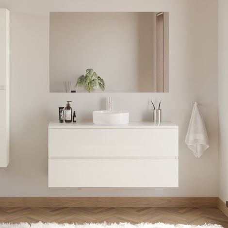 Meuble de salle de bain 120cm avec plateau et vasque à poser ronde - 2 tiroirs - blanc brillant - IDA (1/5)