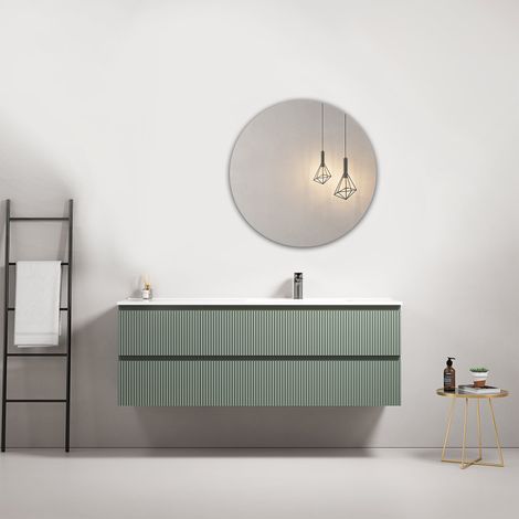 Mobile bagno sospeso cannettato 140 cm Verde Salvia Lavabo a Destra in Resina Specchio Tondo - Fiji Paint (1/4)