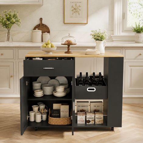 Îlot de cuisine mobile, 102x46x92 cm, Desserte de cuisine sur roulettes meuble de rangement gain de place, Plateau en chêne + MDF, Noir (1/5)