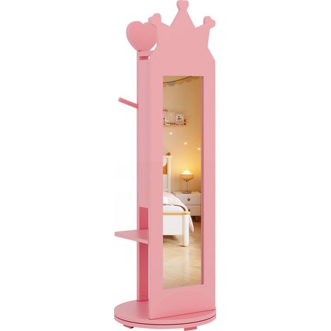 Armoire à bijoux enfant rose avec miroir pleine longueur, porte-vêtements et étagères, base pivotante pour chambre et dressing (1/5)