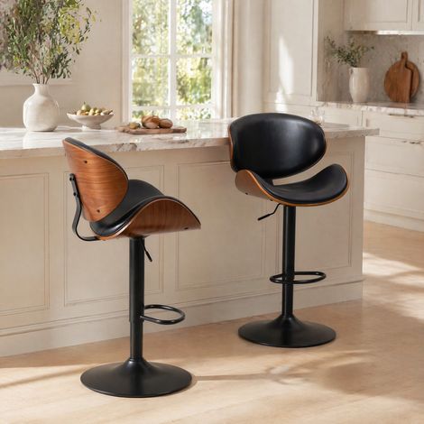 Lot de 2 tabourets de bar réglables en hauteur et pivotants, en simili cuir, avec dossier et repose-pieds, noir (1/5)