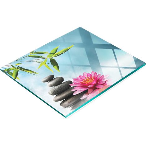 Tablero de vidrio templado con dise帽o decorativo de nen煤fares y piedras, 60x52 cm.