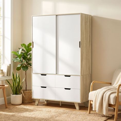 Armoire Chambre Penderie, 2 Portes Coulissantes, 4 Tiroirs, Barre de Suspension, Étagères Réglables, Chêne et Blanc (1/5)