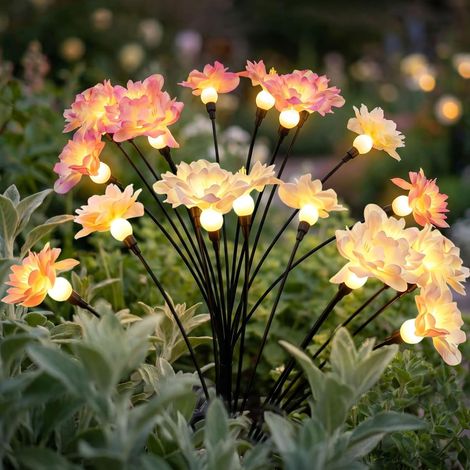 Solar Lights Outdoor Garden - 2 Pcs Outdoor Solar Swaying Flowers Lights with 10 Camellia, Waterproof Firefly Garden Ornaments Light for Pathway, Yard, Lawn, Party, Patio, Wedding Decor(2 Pack, Warm) (1/5)