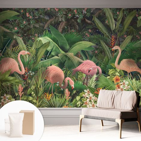 Tapete Vliestapete mit Kleber - modernes Design - Wohnungsdeko - geruchslos - langlebig Rosa Flamingos 312x219 cm