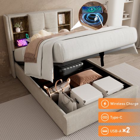 Seyakany Lit simple rembourré avec chargement sans fil+USB-C,lit coffre 90x200,cadre de lit 90x200 avec sommier à lattes,lin,naturel (1/5)