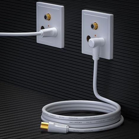TV Antenna Cable Coaxial 75 Ohm IEC 9.5 mm Male to Male 3C2V Copper Shielded Angled Connector Female-Female Adapter Included White (1/4)