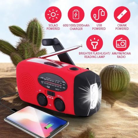 Radio d'urgence 2000 mAh avec lampe LED, lampe de charge solaire USB, radio FM/AM portable rechargeable pour voyage en plein air (1/5)