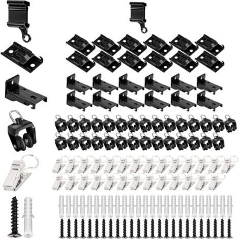 Accessoires pour Rail Rideaux Plafond, Rouleaux de Rail, Caches d'Extrémité, Crochets de Rideaux Metal, Supports de Montage pour Rails à Rideaux, Noir (1/4)