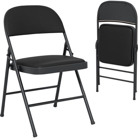 Sillas plegables, tapizadas en cuero sintético PVC acolchado, estructura metálica, paquete de 2, color negro. (1/5)