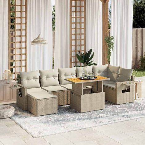Ensemble Salon Jardin 8 Places Résine Tressée Beige avec Coussins Lavables - Table Réglable et Mobilier Modulaire (1/4)