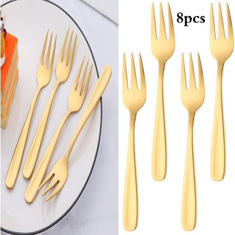 Fourchette À Gâteau - Fourchette À Fruits - Acier Inoxydable - 13 5 Cm - Dorée - Poli Miroir - Lot De 8 Pièces (1/5)
