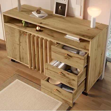 Buffet 120x40x85 cm chêne foncé en bois avec 3 tiroirs, 2 portes à façade à lamelles et rangement ouvert (1/5)