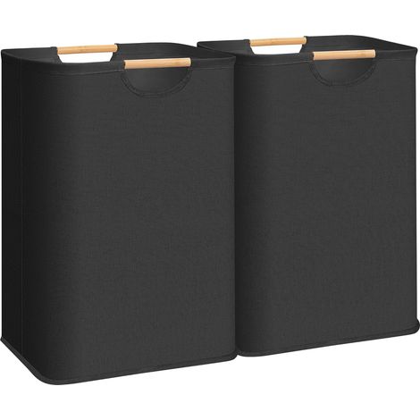 Lot de deux grands paniers à linge pliables avec poignées en bambou, 80 litres, noirs, (1/5)