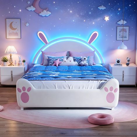 JOOKGBD–Letto per Bambini 140x200 cm,Letto Matrimoniale Imbottito,Illuminazione LED,Testiera Imbottita,Rete a Doghe,Tessuto di Velluto,Letto per Ragazzi,Bianco (1/5)