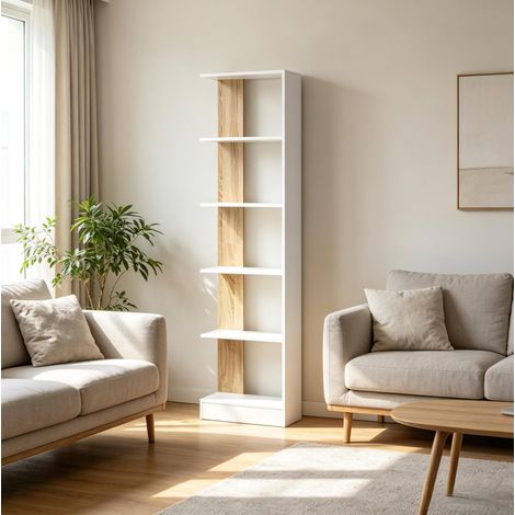 Libreria da terra aperta, 5 ripiani, 45 x 21 x 170 cm, bianco e rovere (1/5)
