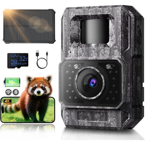Caméra de chasse solaire Wi-Fi avec application de transfert de téléphone portable, caméra de chasse 4K 64 MP avec vision nocturne, batterie au lithium 6000 mAh, déclencheur 0,1 s, activé par