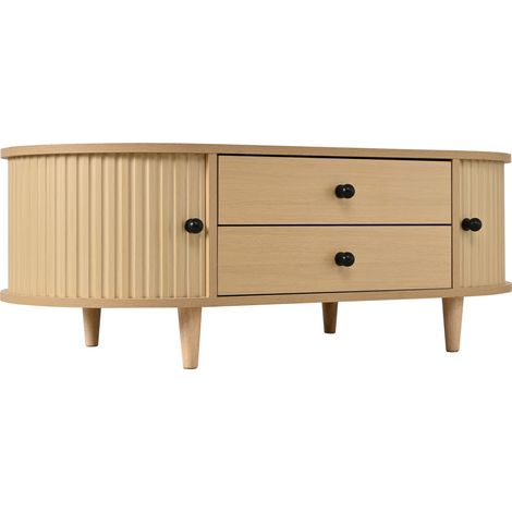 Mesa de centro ovalada de madera clara con 2 cajones y puertas correderas, MDF, 100 x 50 x 36 cm (1/5)
